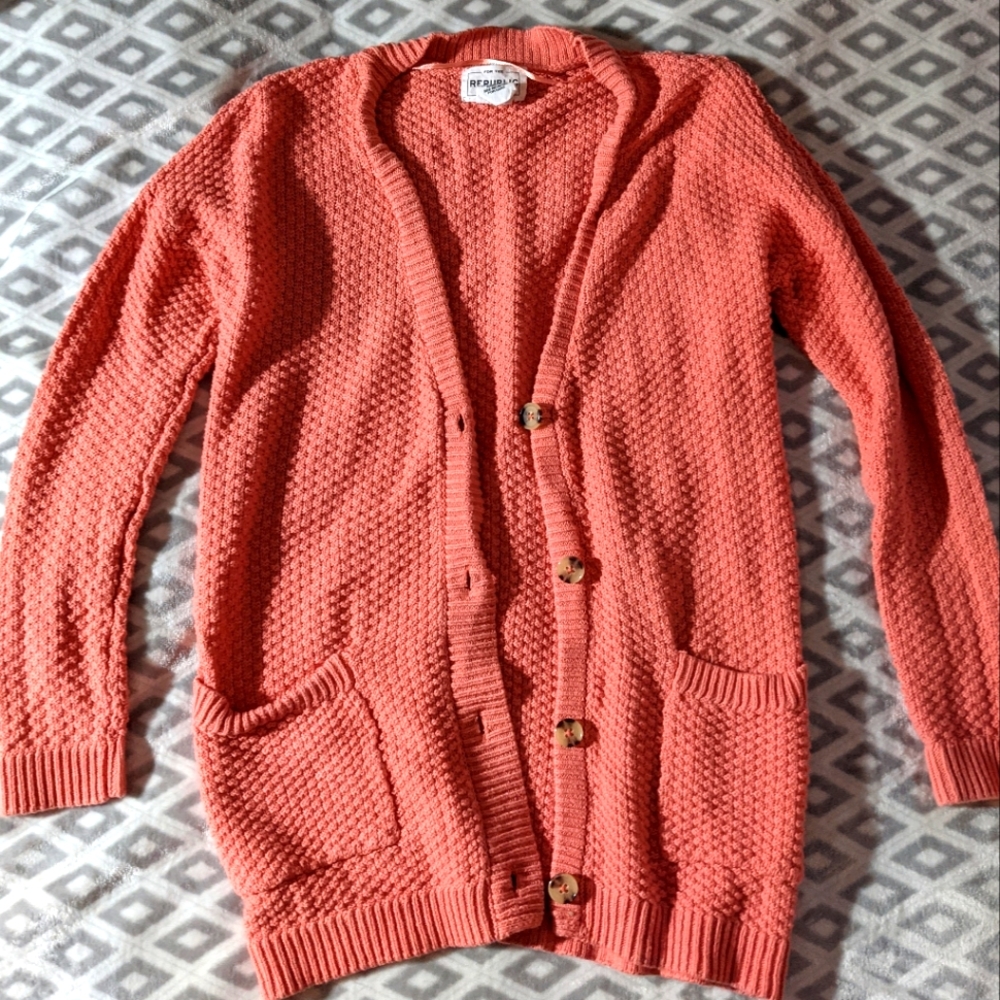 Coral pink boho long cardigan sweater extra small xs knit For the Republic